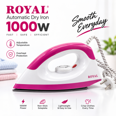 Royal Automatic Dry Iron 1000W – Fast Heating Non-Stick Soleplate Press Iron with Adjustable Thermostat, Auto-Off Safety & Lightweight Body